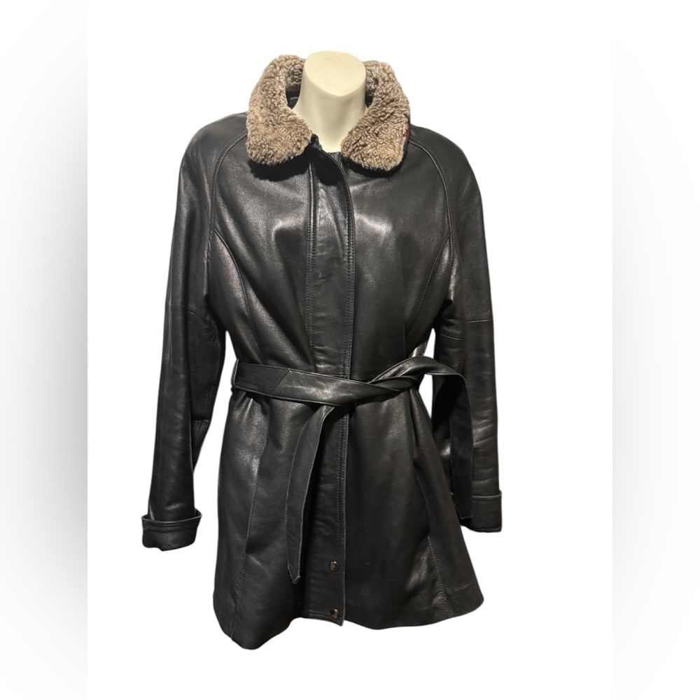 Vintage Laurence Roy Black Lambskin Leather Jacket with Faux Fur/Sherpa Collar